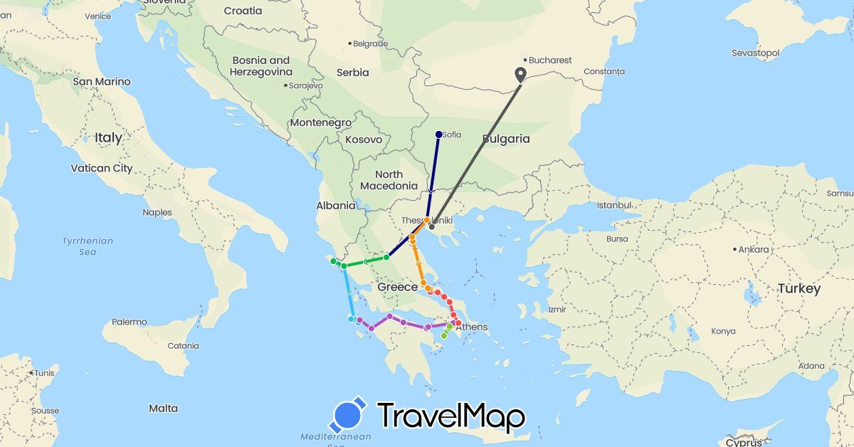 TravelMap itinerary: driving, bus, train, hiking, boat, hitchhiking, motorbike, electric vehicle in Bulgaria, Greece (Europe)